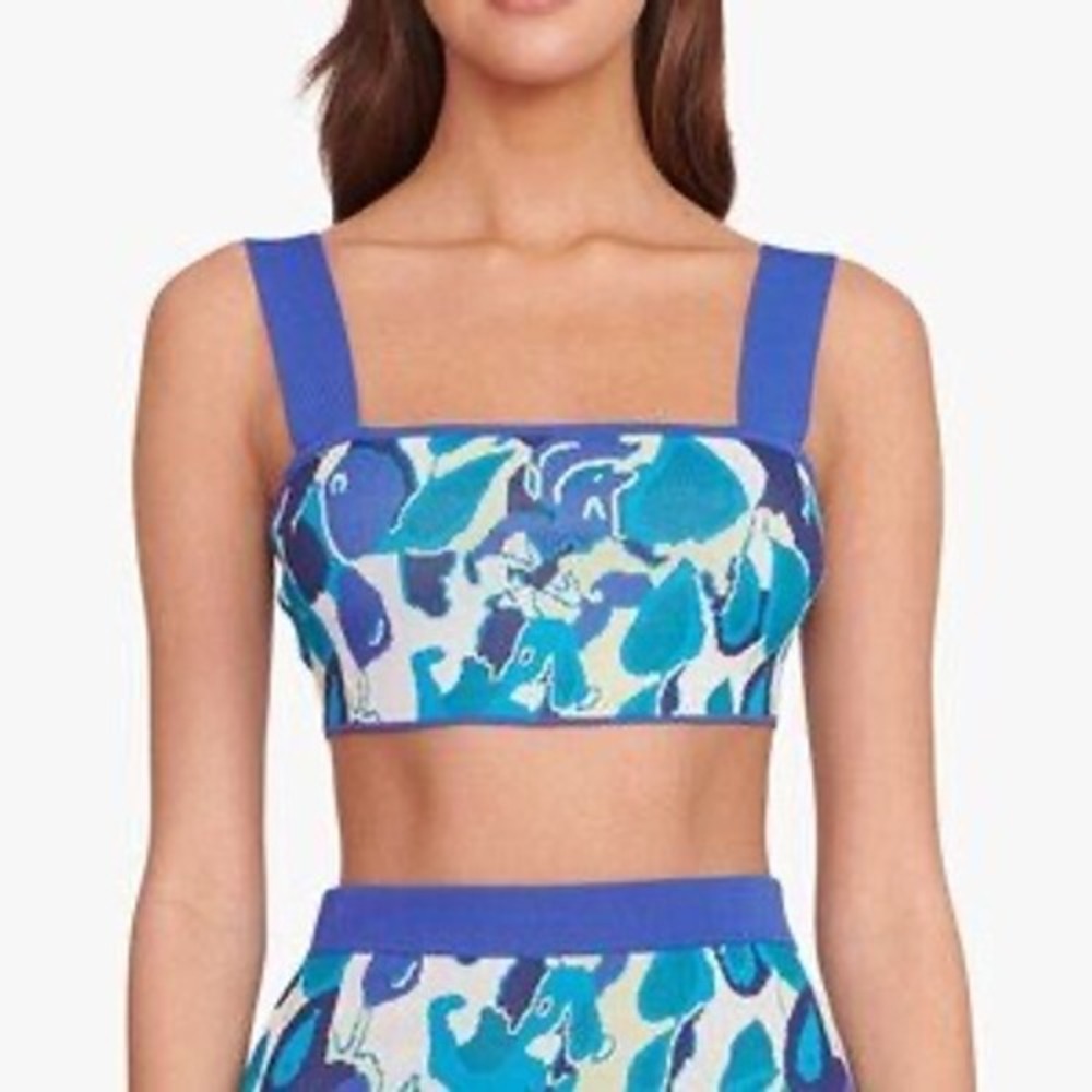 STAUD Zola Crop Top Blue Abstract Jacquard Knit Bralette Top Small